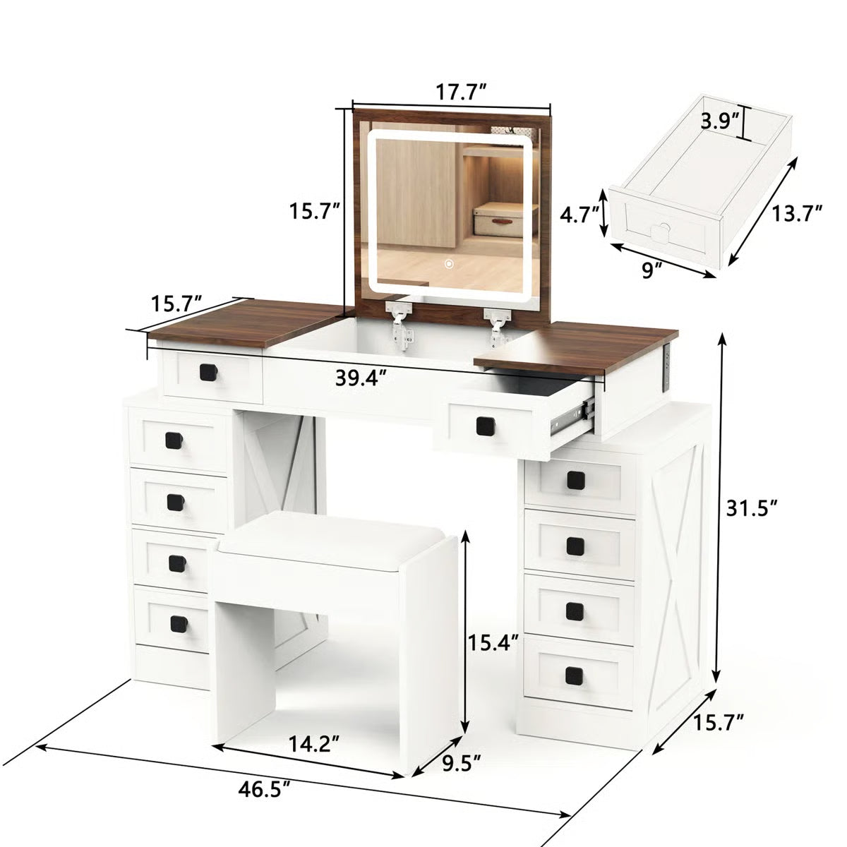 10-Drawer Makeup Vanity Desk – Dimmable LED, Foldable Mirror, White & Walnut Finish with Storage Stool-OUCH CART |Dressing table