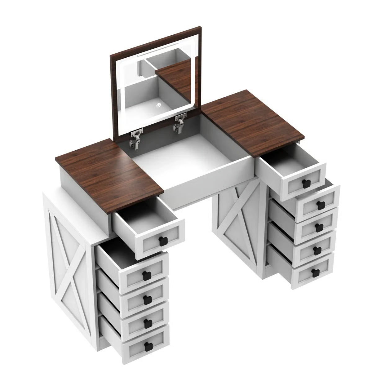 10-Drawer Makeup Vanity Desk – Dimmable LED, Foldable Mirror, White & Walnut Finish with Storage Stool