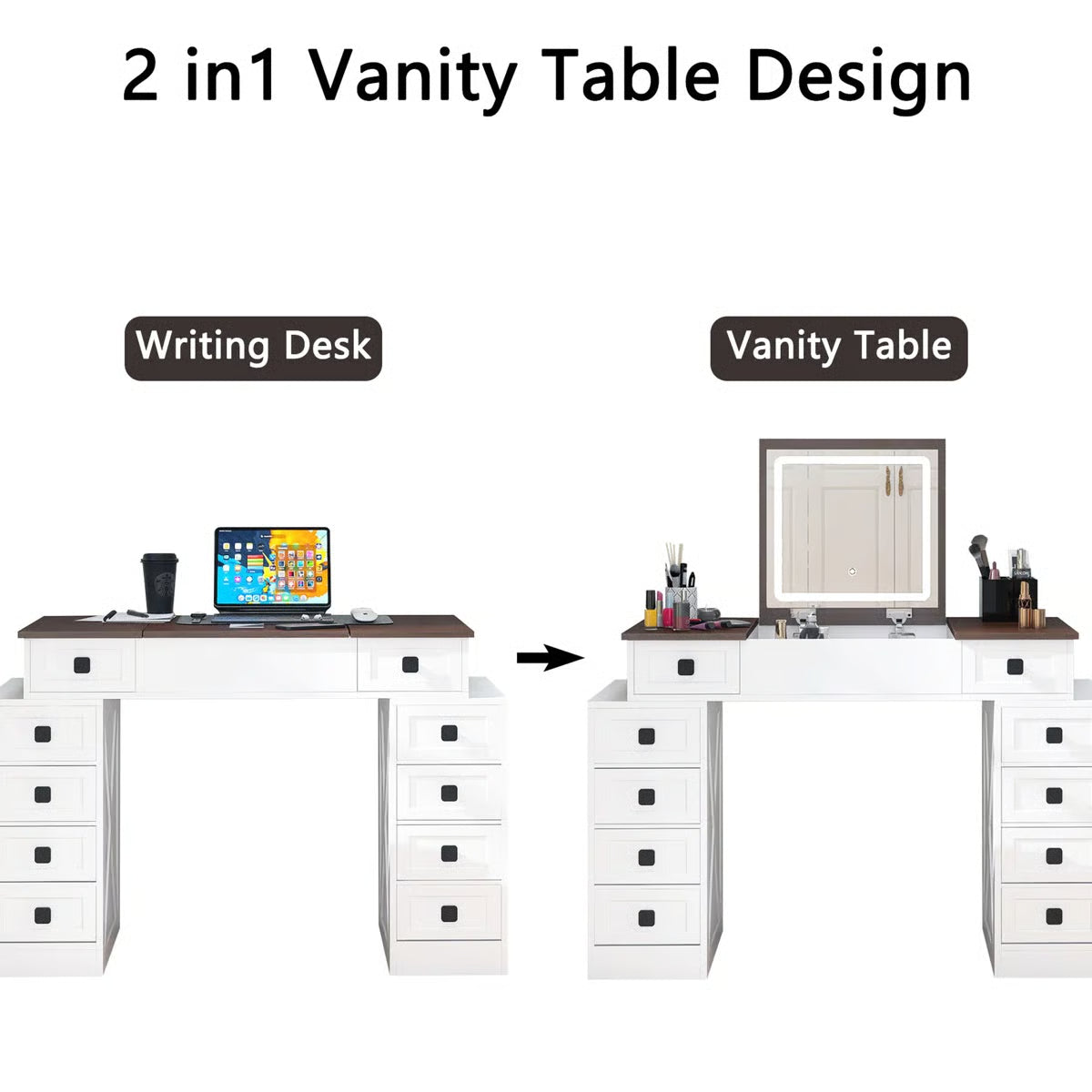 10-Drawer Makeup Vanity Desk – Dimmable LED, Foldable Mirror, White & Walnut Finish with Storage Stool
