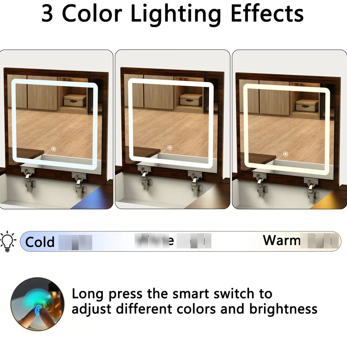 10-Drawer Makeup Vanity Desk – Dimmable LED, Foldable Mirror, White & Walnut Finish with Storage Stool-OUCH CART |Dressing table