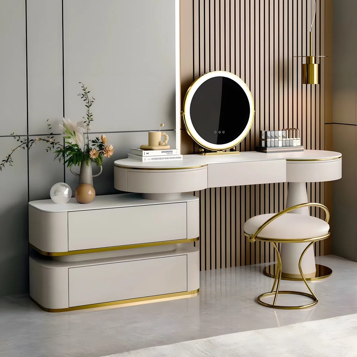 Modern Cream White Vanity Set with Lighted Mirror, Movable Cabinet & Stool