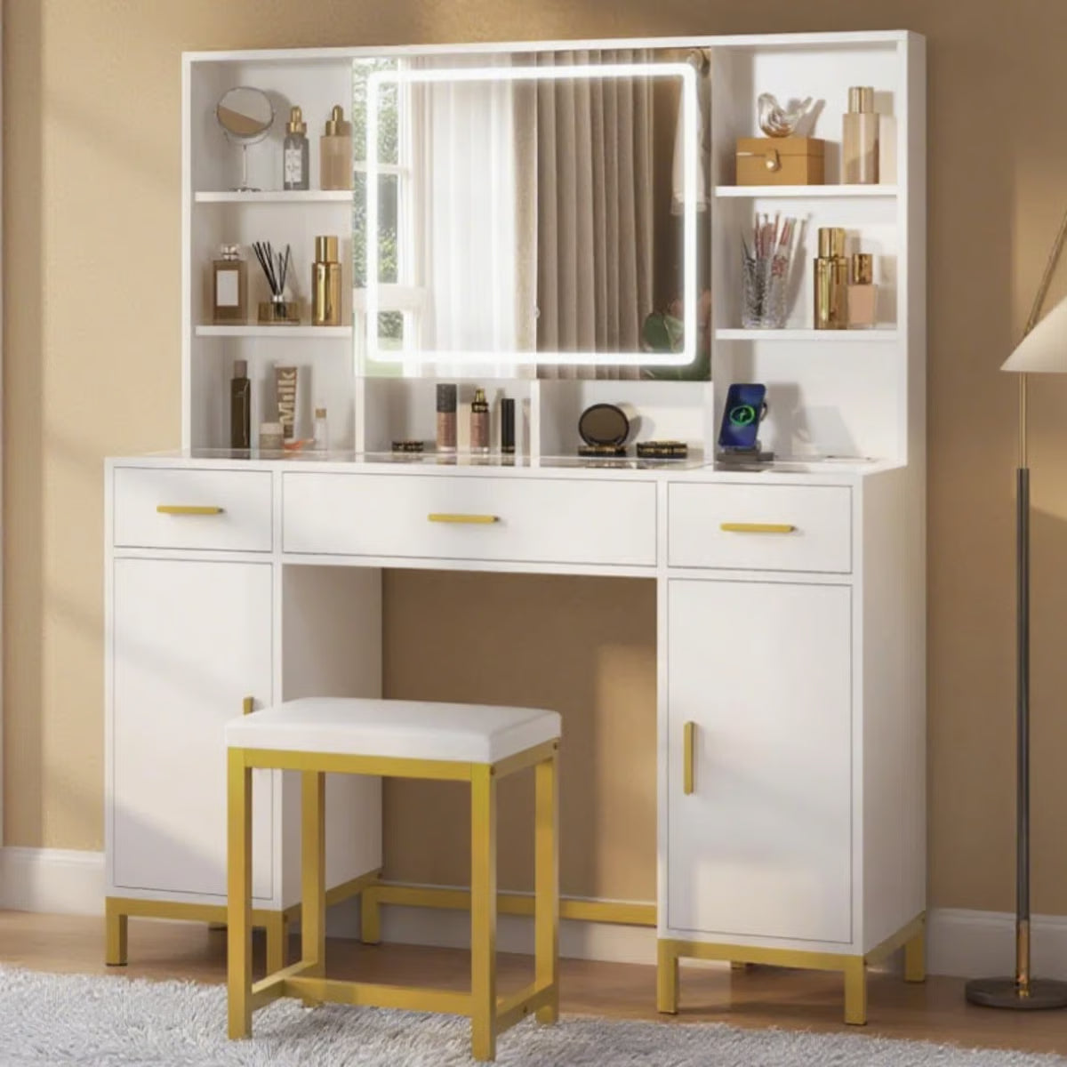 White Makeup Vanity Desk with Openable LED Mirror, 3-Mode Lights, Glass Drawers, Gold Table Legs, and Comfortable Stool
