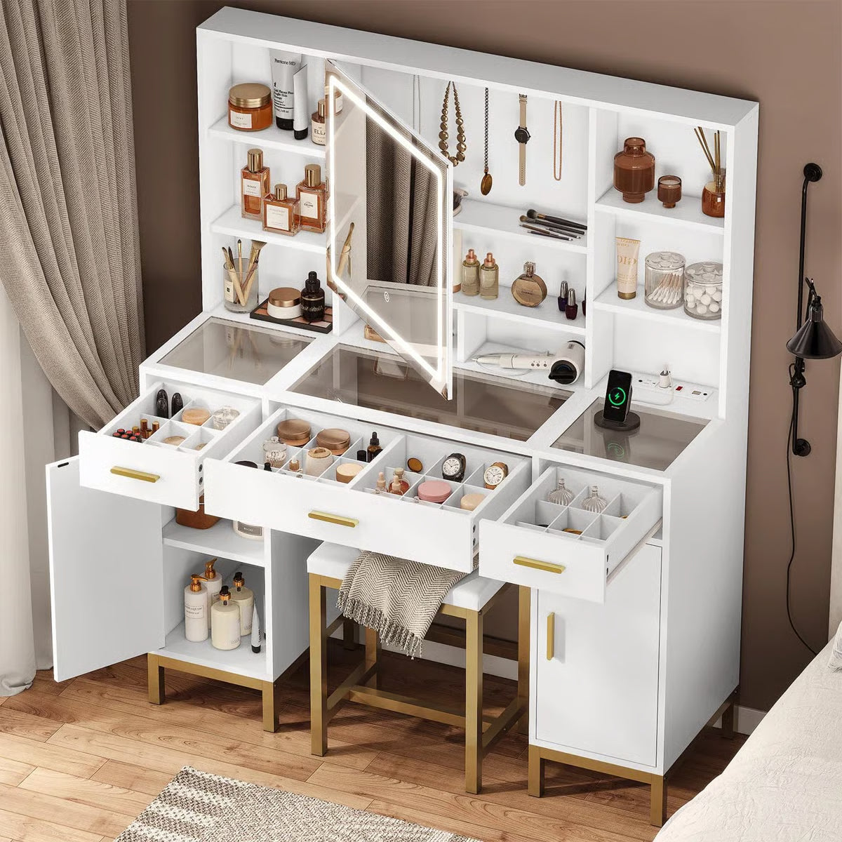 White Makeup Vanity Desk with Openable LED Mirror, 3-Mode Lights, Glass Drawers, Gold Table Legs, and Comfortable Stool