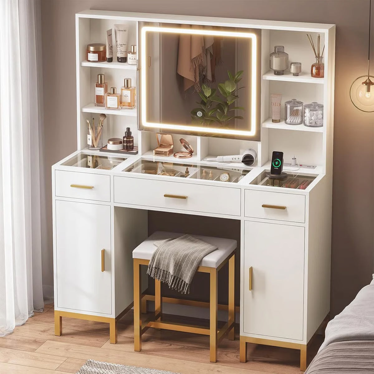 White Makeup Vanity Desk with Openable LED Mirror, 3-Mode Lights, Glass Drawers, Gold Table Legs, and Comfortable Stool-OUCH CART| Dressing table 