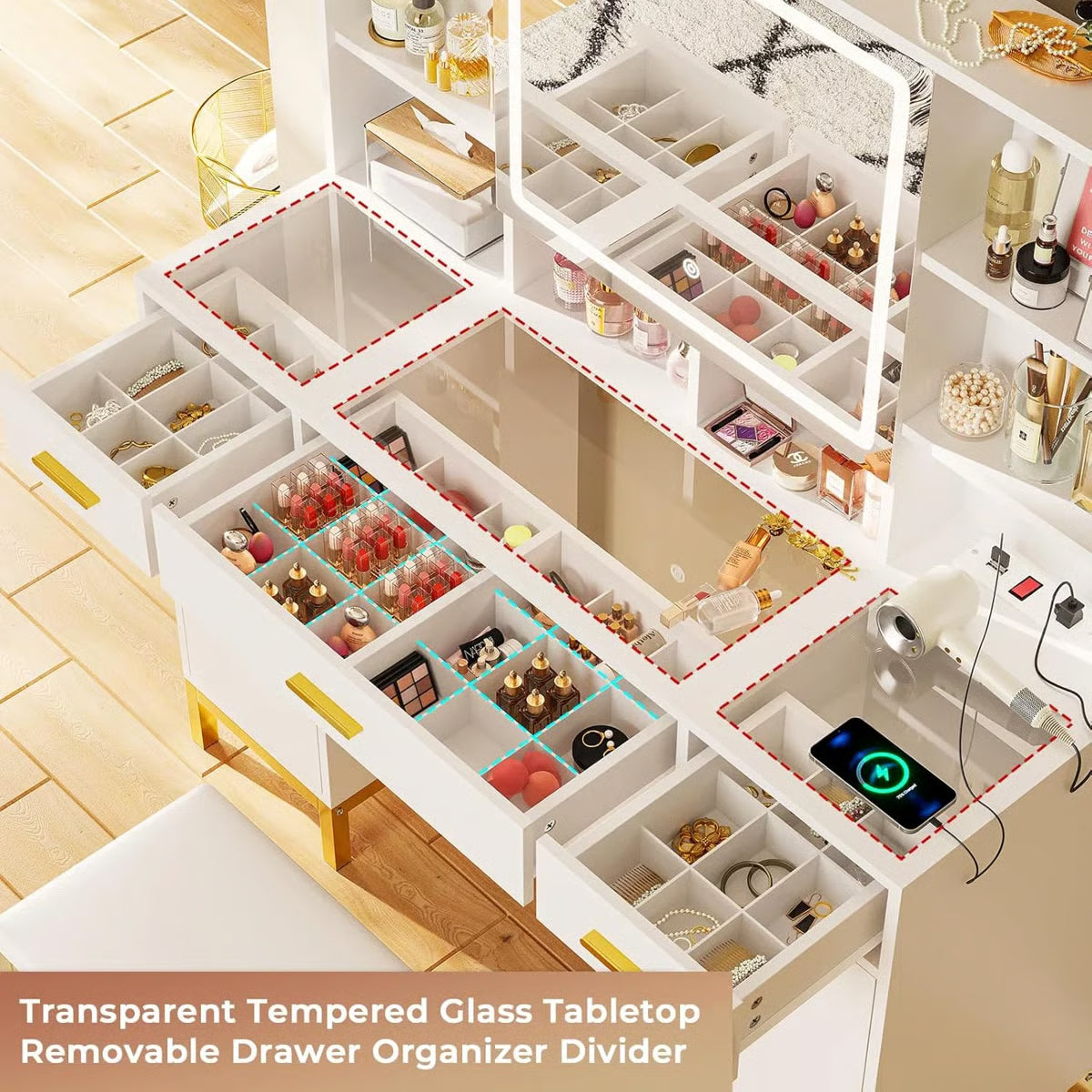 White Makeup Vanity Desk with Openable LED Mirror, 3-Mode Lights, Glass Drawers, Gold Table Legs, and Comfortable Stool