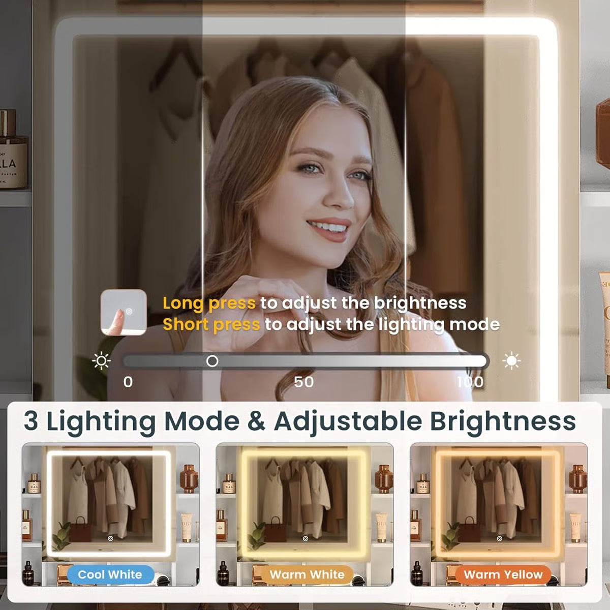 White Makeup Vanity Desk with Openable LED Mirror, 3-Mode Lights, Glass Drawers, Gold Table Legs, and Comfortable Stool