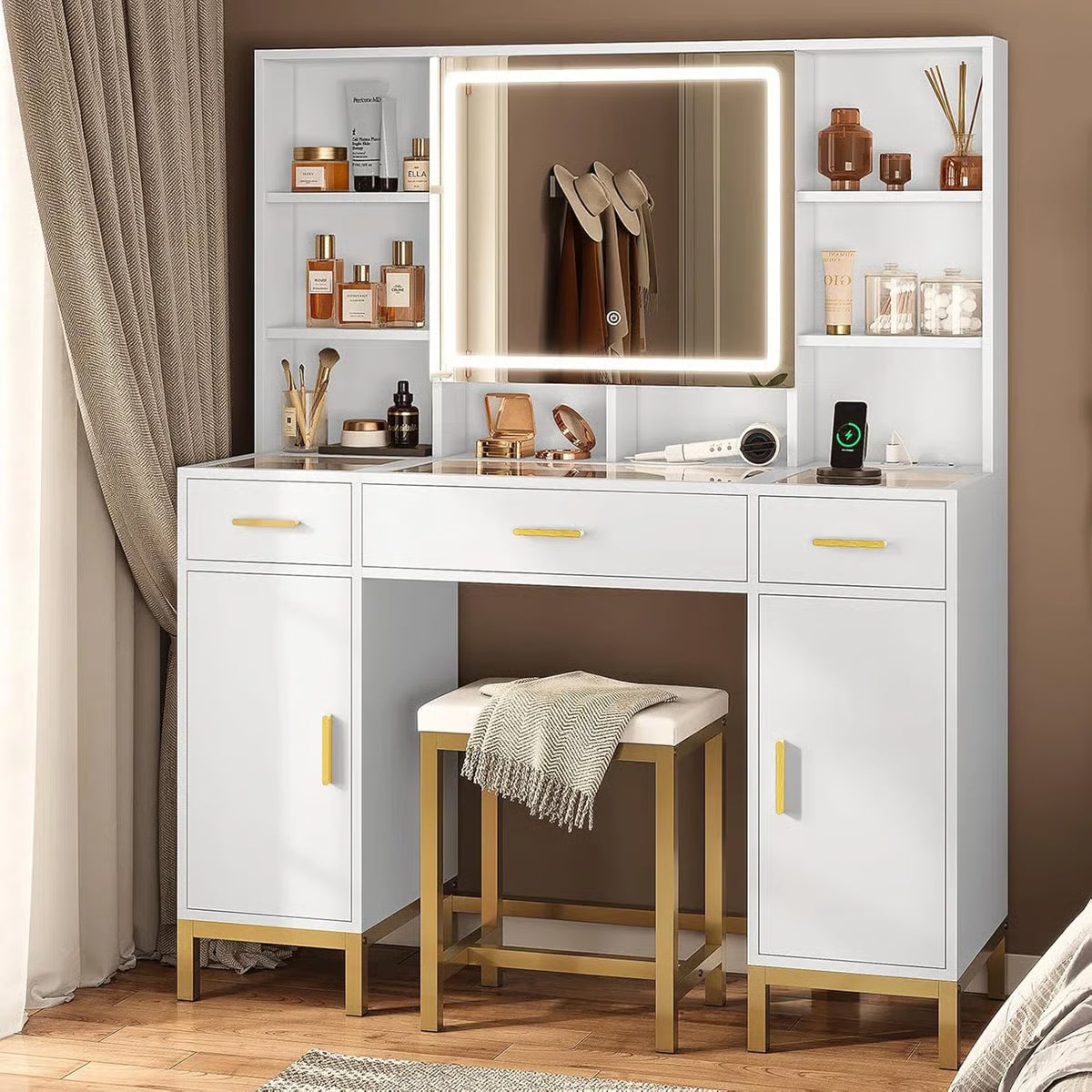 White Makeup Vanity Desk with Openable LED Mirror, 3-Mode Lights, Glass Drawers, Gold Table Legs, and Comfortable Stool