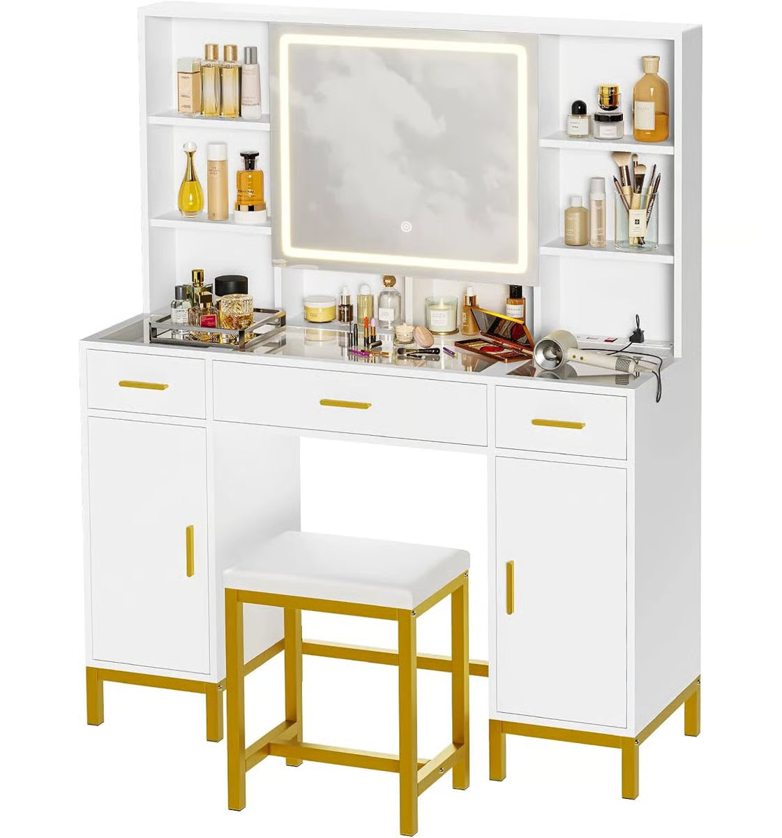 White Makeup Vanity Desk with Openable LED Mirror, 3-Mode Lights, Glass Drawers, Gold Table Legs, and Comfortable Stool