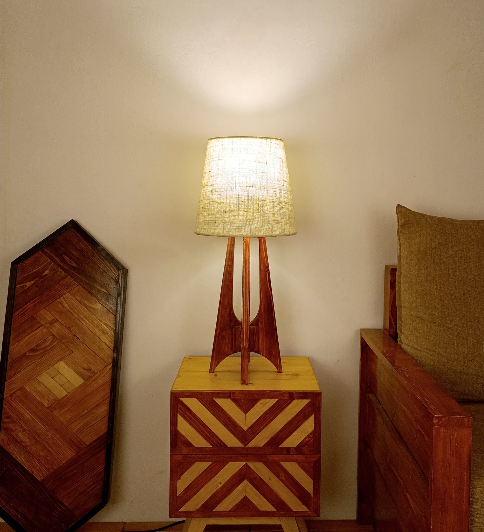 Laurent Brown Wooden Table Lamp with White Jute Lampshade (BULB NOT INCLUDED)