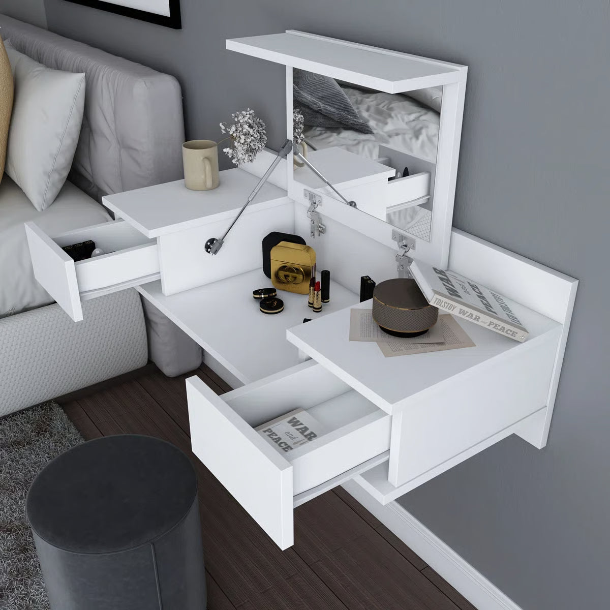 Lenhardt 39" Floating Vanity Desk – Compact Makeup Table with Mirror-OUCH CART |Dressing table 