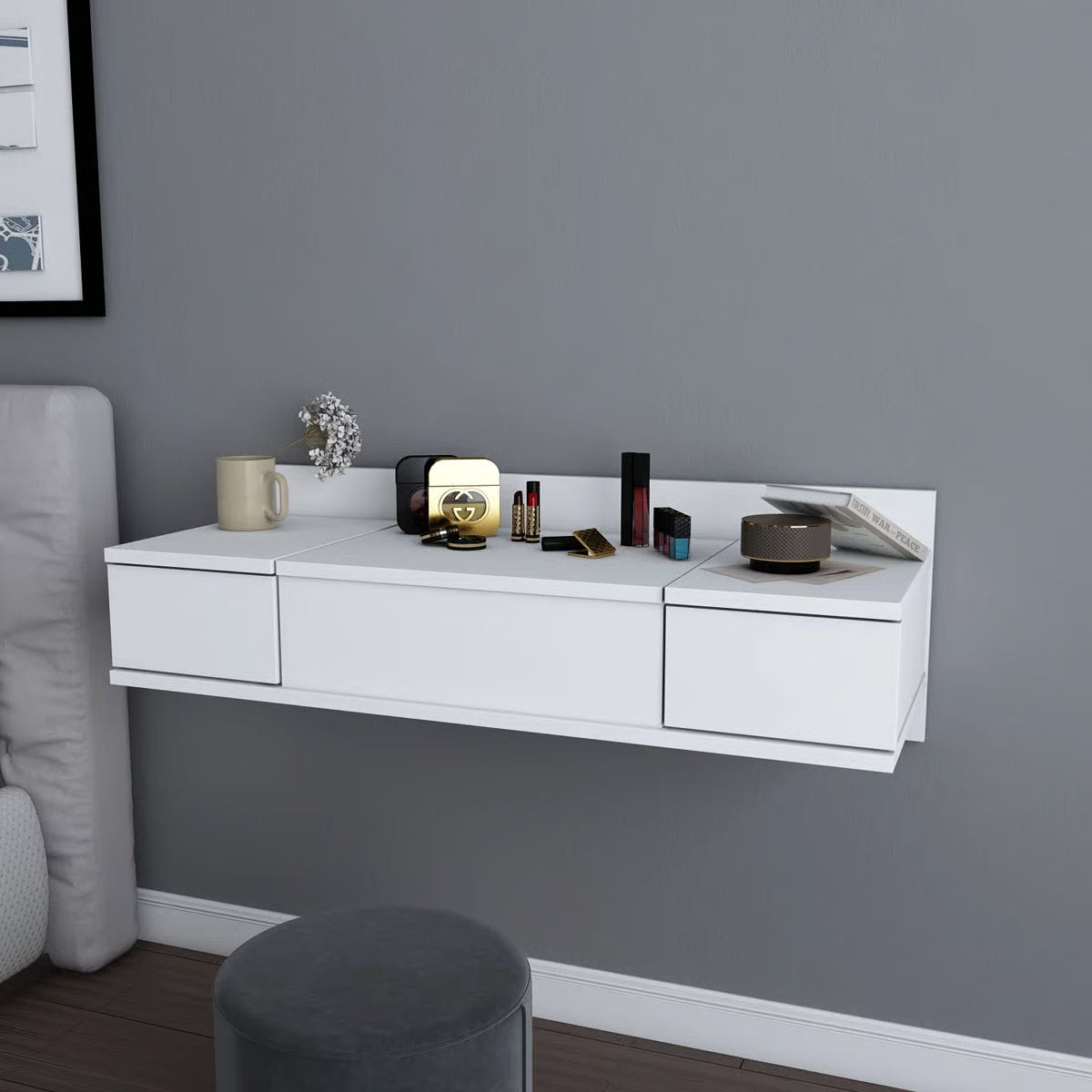 Lenhardt 39" Floating Vanity Desk – Compact Makeup Table with Mirror-OUCH CART |Dressing table 