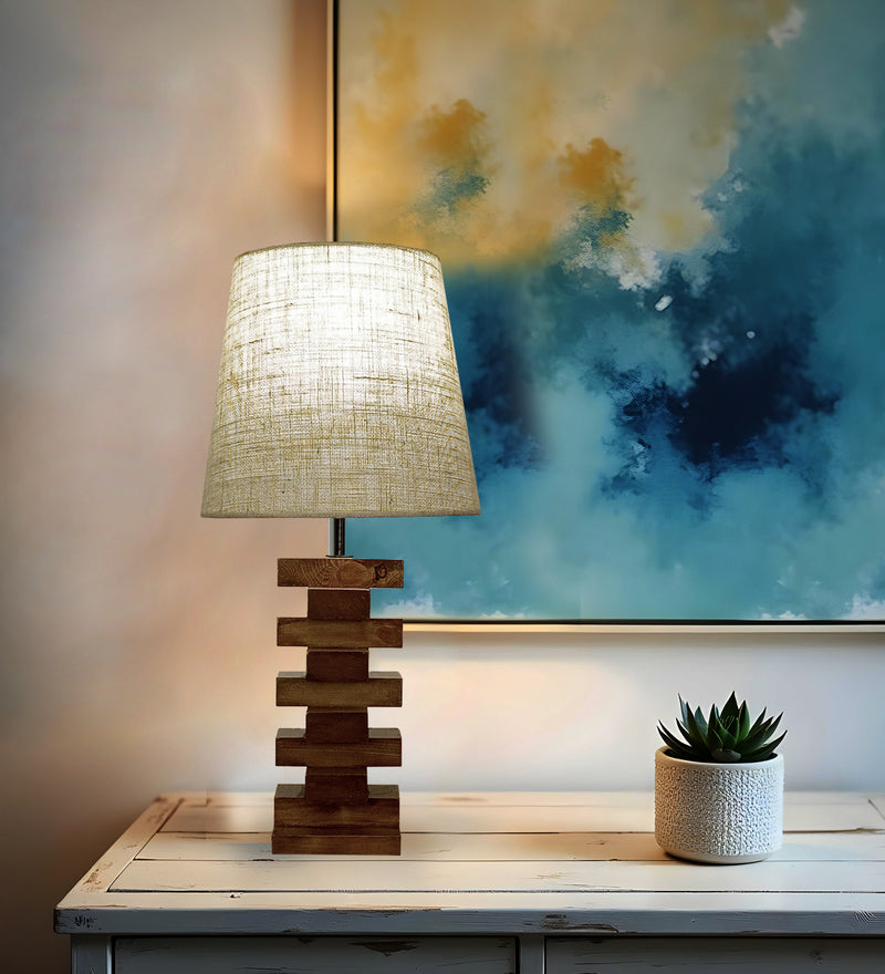 Libra-Brown-Wooden-Table-Lamp-1.jpg Libra Brown Wooden Table Lamp with White Fabric Lampshade (BULB NOT INCLUDED) - Image 1