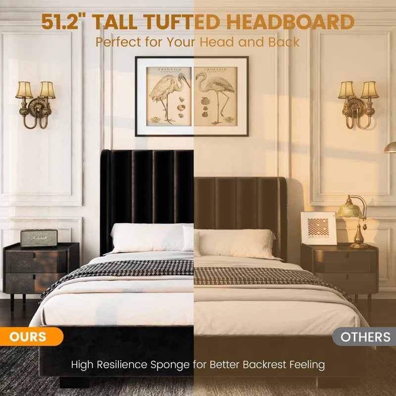 Lift Up Storage Bed Frame With 51" Tall Headboard, Upholstered Velvet Wingback Tufted Design, Wood Slats Support, No Box Spring Required, Noise-free Double Bed Frame