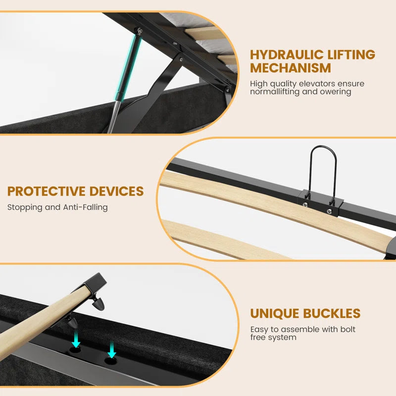 Lift Up Storage Bed Frame With 51" Tall Headboard, Upholstered Velvet Wingback Tufted Design, Wood Slats Support, No Box Spring Required, Noise-free Double Bed Frame