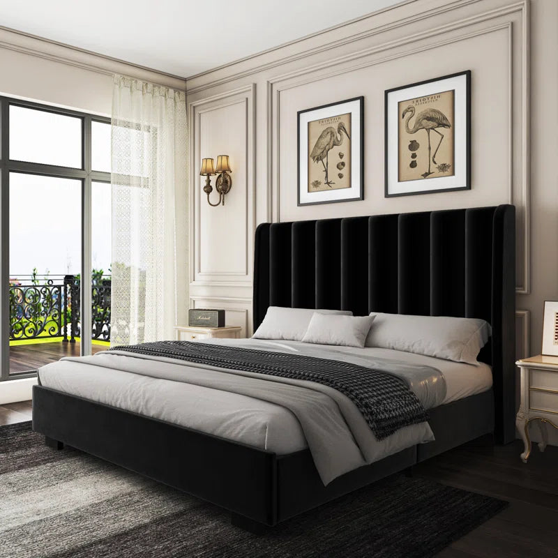 Lift Up Storage Bed Frame With 51" Tall Headboard, Upholstered Velvet Wingback Tufted Design, Wood Slats Support, No Box Spring Required, Noise-free Double Bed Frame