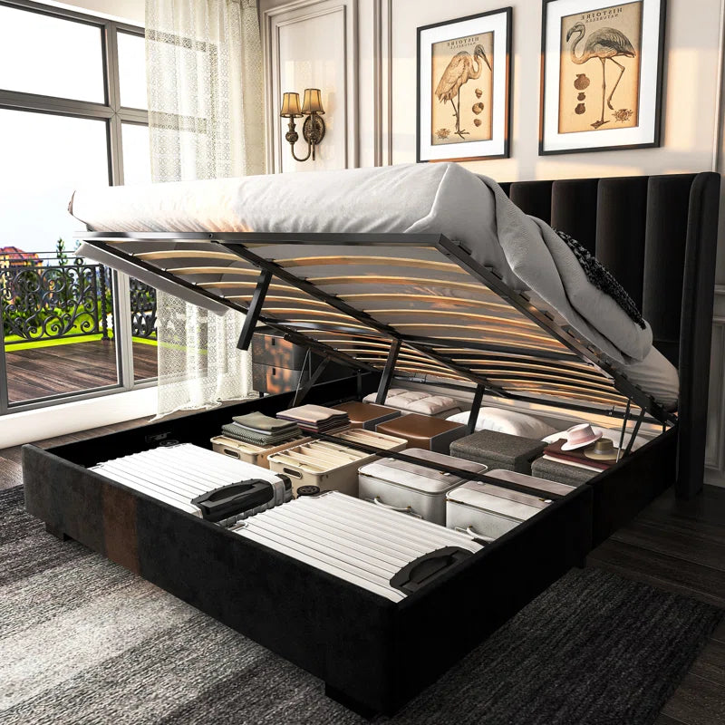 Lift Up Storage Bed Frame With 51" Tall Headboard, Upholstered Velvet Wingback Tufted Design, Wood Slats Support, No Box Spring Required, Noise-free Double Bed Frame