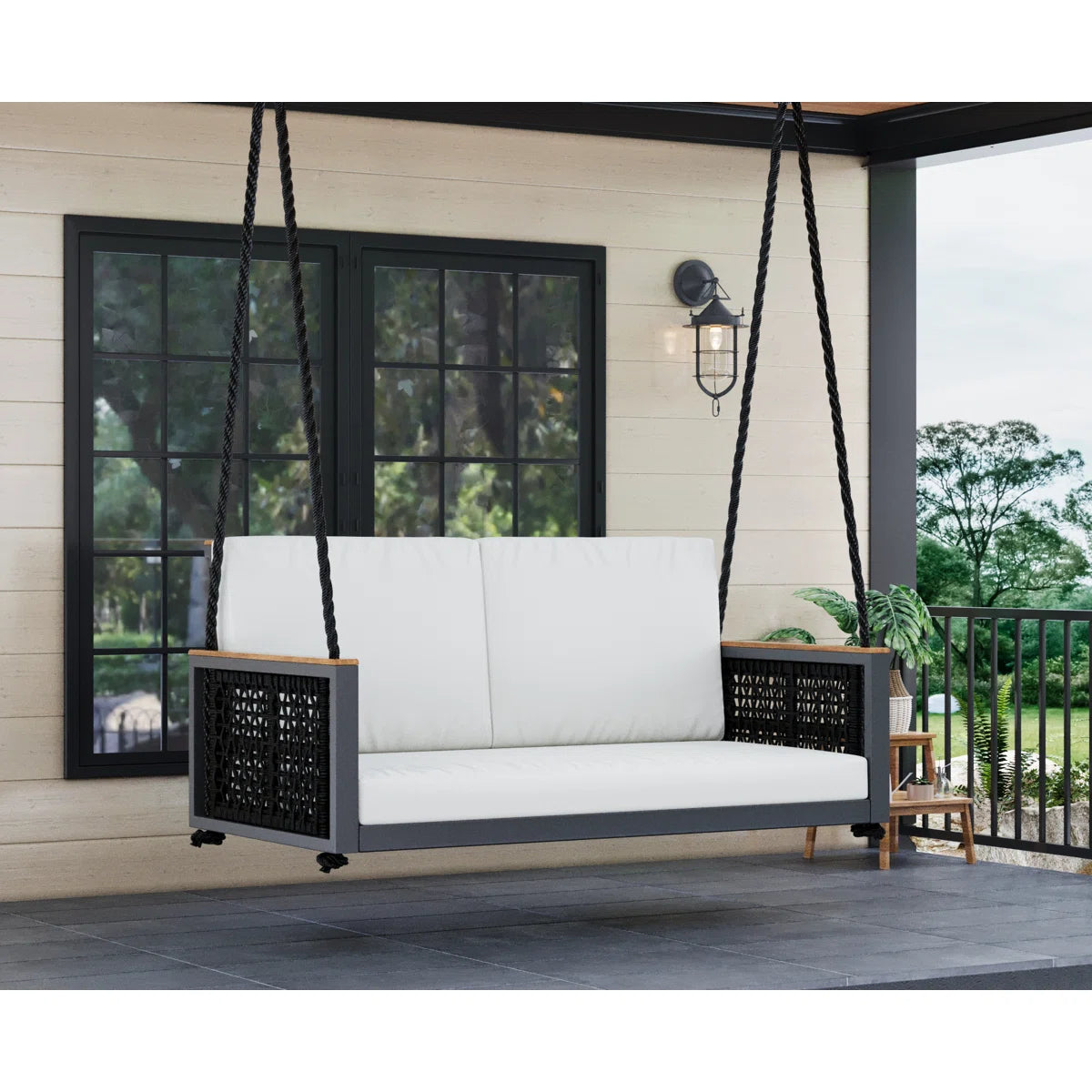 Ouch Cart Teak Wood & Aluminum Porch Swing with Cushions – Outdoor Hanging Patio Swing Chair with Heavy-Duty Rope and Weather-Resistant Design