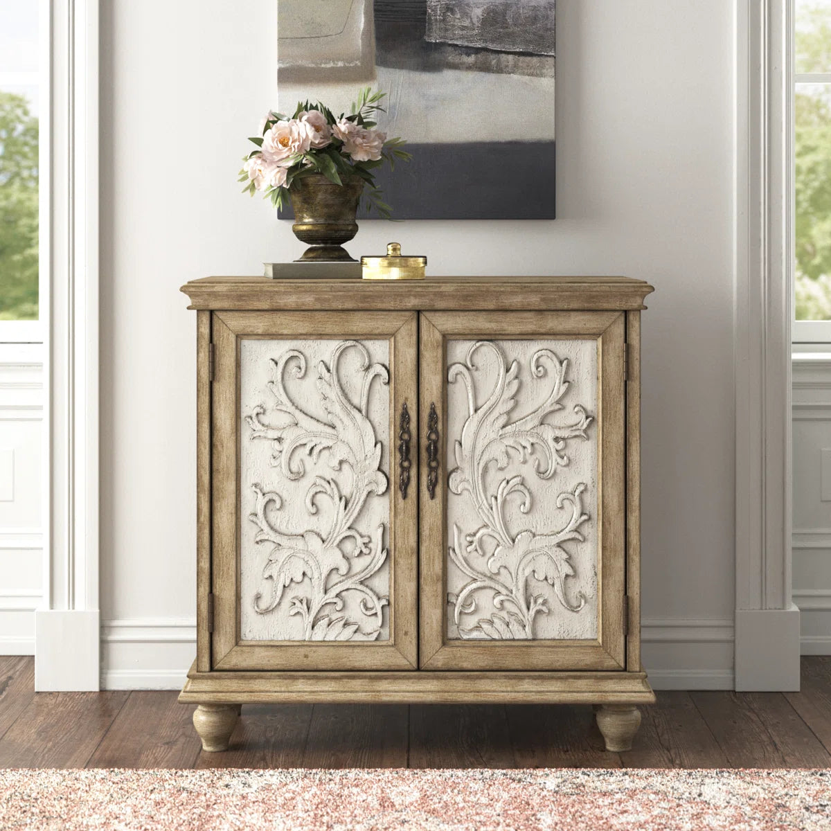 Liza 2-Door Carved Wood Storage Cabinet- OUCHCART| Cabinet