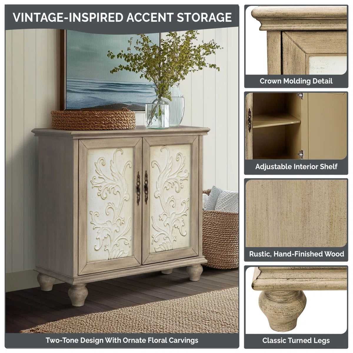 Liza 2-Door Carved Wood Storage Cabinet