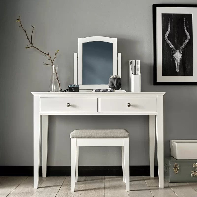 Vanity Set with Mirror, 2 Drawers, Makeup Dressing Table with Stool, Dressing Table for Woman Girls Bedroom (White) (Dressing Table Set)