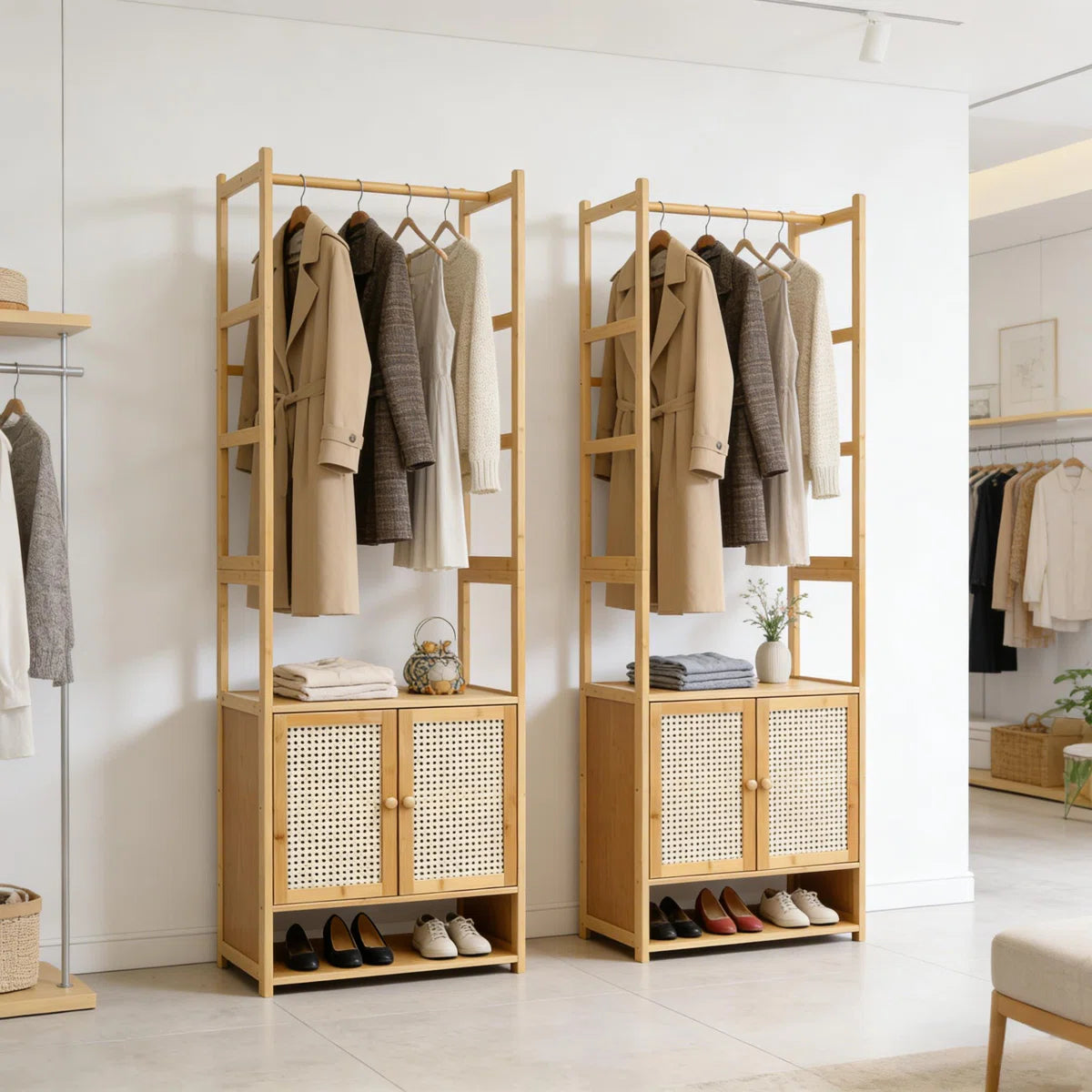 Ouch Cart Bamboo Clothes Storage Rack | Wooden Wardrobe Stand with Shelves & Hanging Rod