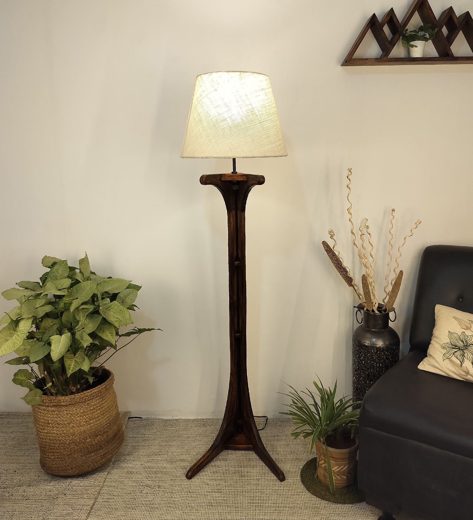 Lucas Wooden Floor Lamp with Brown Base and Jute Fabric Lampshade