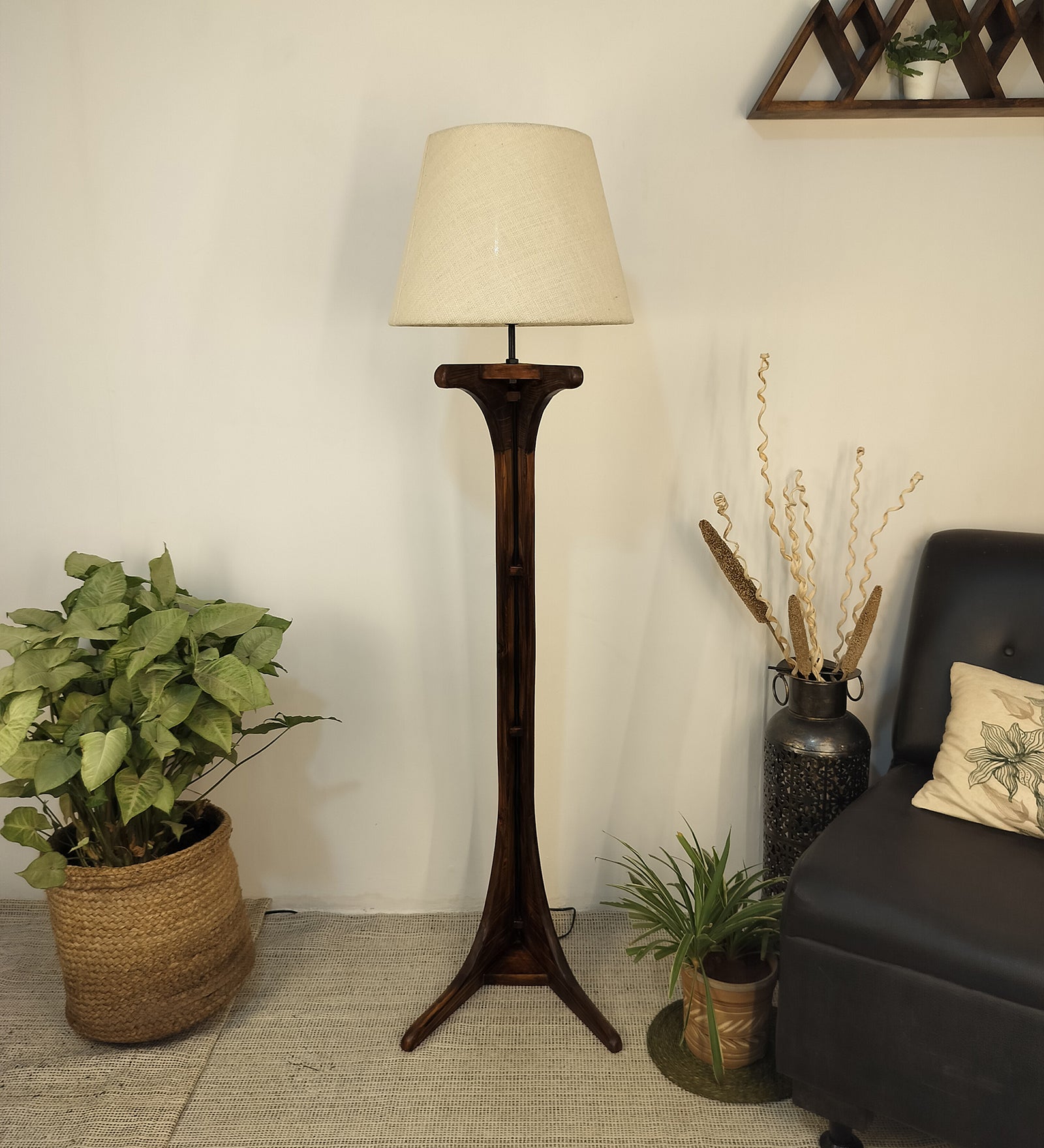 Lucas Wooden Floor Lamp with Brown Base and Jute Fabric Lampshade