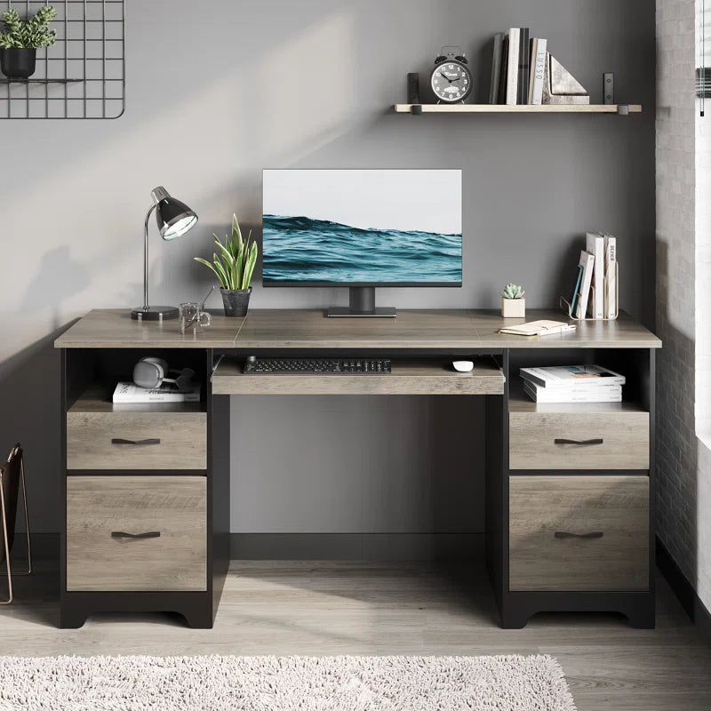 59'' Executive Desk with 2 File and Storage Drawers, Computer Writing Desk with Keyboard Tray and 2 Open Compartments for Home Office