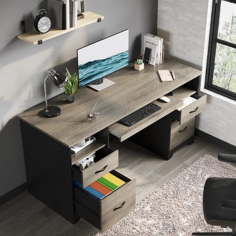 59'' Executive Desk with 2 File and Storage Drawers, Computer Writing Desk with Keyboard Tray and 2 Open Compartments for Home Office