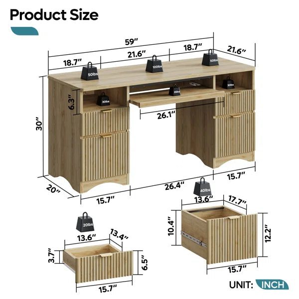 Executive Office Desk with Fluted Drawers, Storage & Cable Management