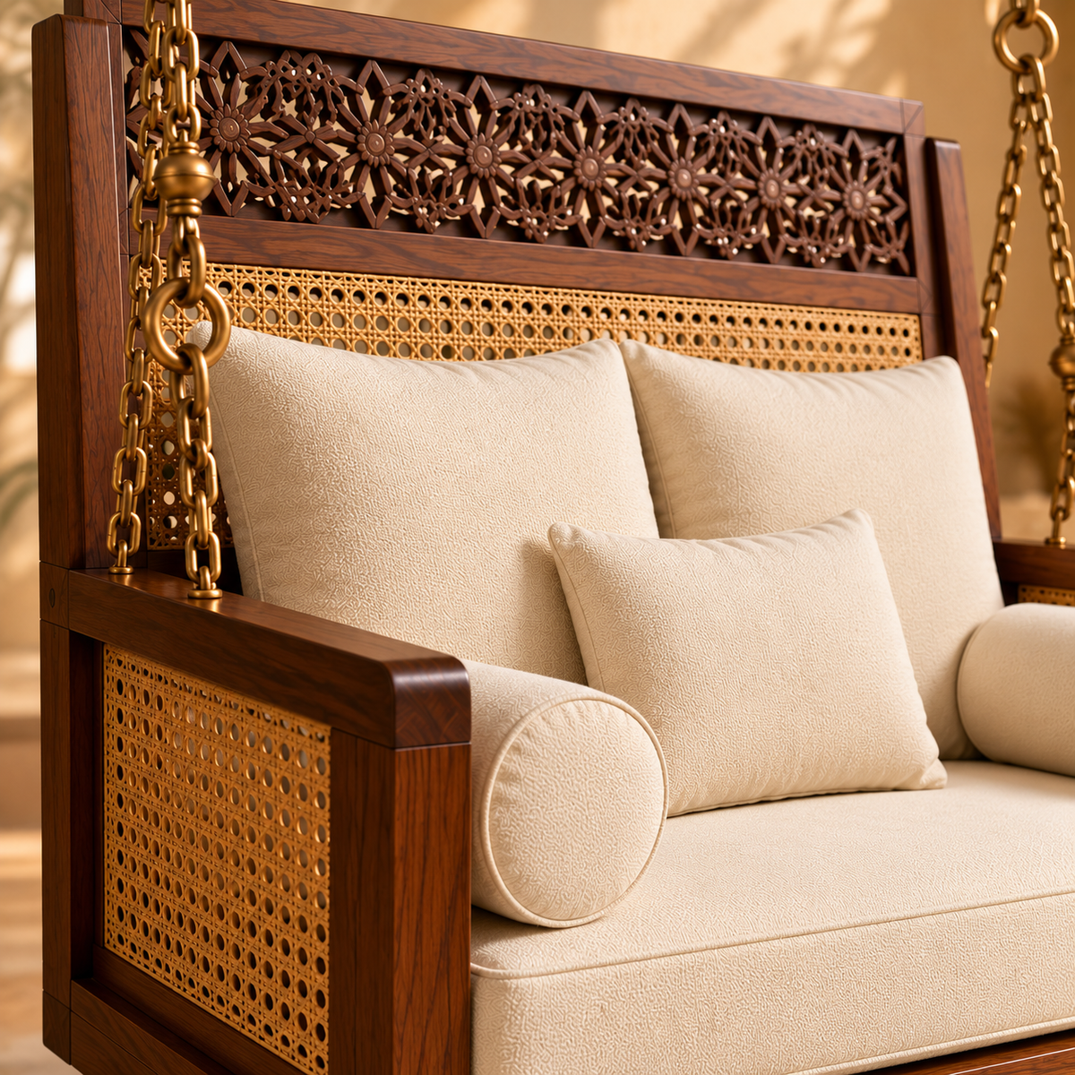 Wooden Swing Chair with Cushions, Carved Backrest & Cane Detailing for Living Room