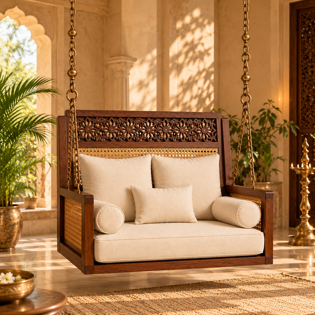 Wooden Swing Chair with Cushions, Carved Backrest & Cane Detailing for Living Room