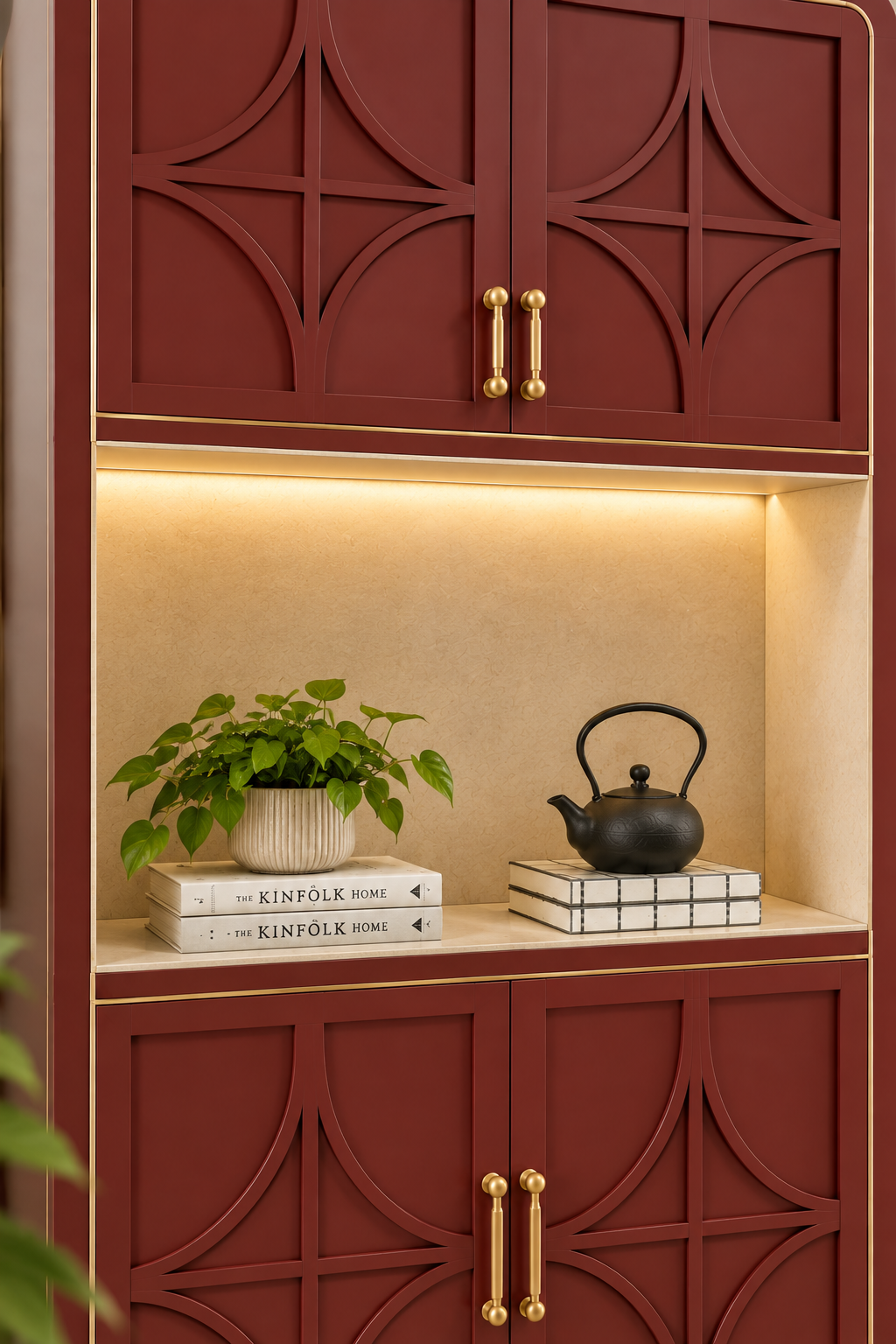 Luxury Burgundy Wooden Display Cabinet with LED Light | Tall Storage Cabinet with Glass-Free Arched Panel Doors | Living Room Decor Cabinet