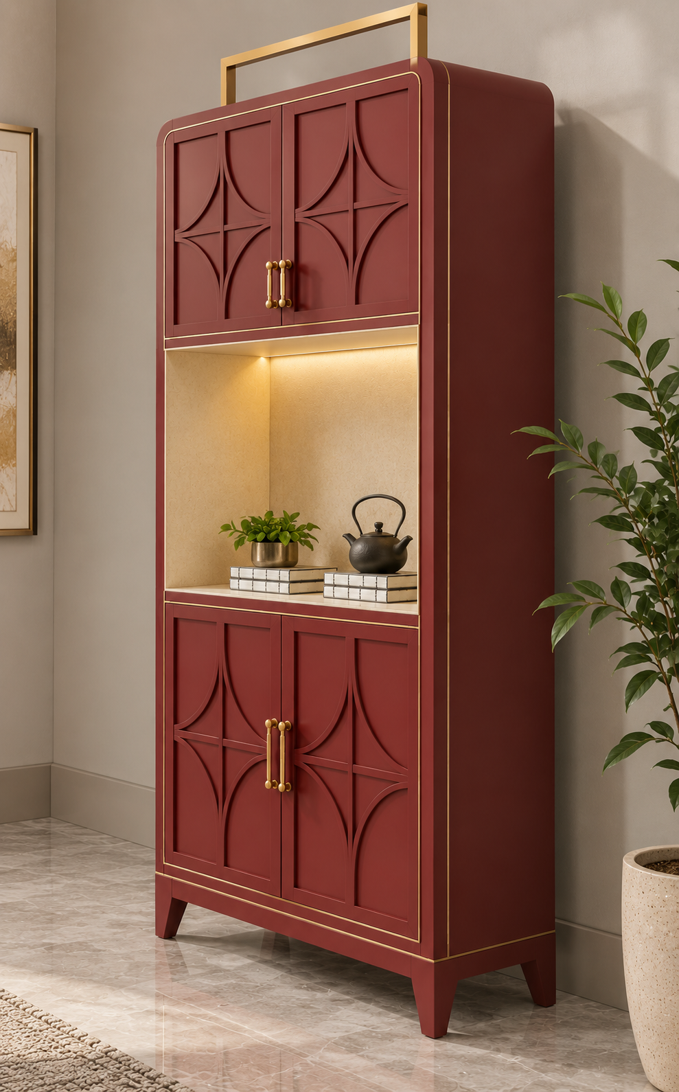 Luxury Burgundy Wooden Display Cabinet with LED Light | Tall Storage Cabinet with Glass-Free Arched Panel Doors | Living Room Decor Cabinet