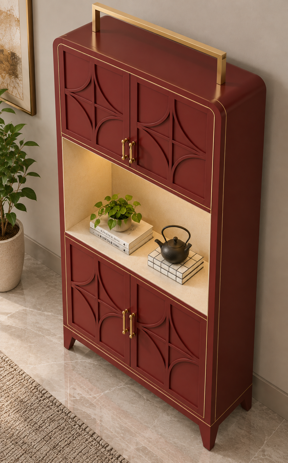 Luxury Burgundy Wooden Display Cabinet with LED Light | Tall Storage Cabinet with Glass-Free Arched Panel Doors | Living Room Decor Cabinet