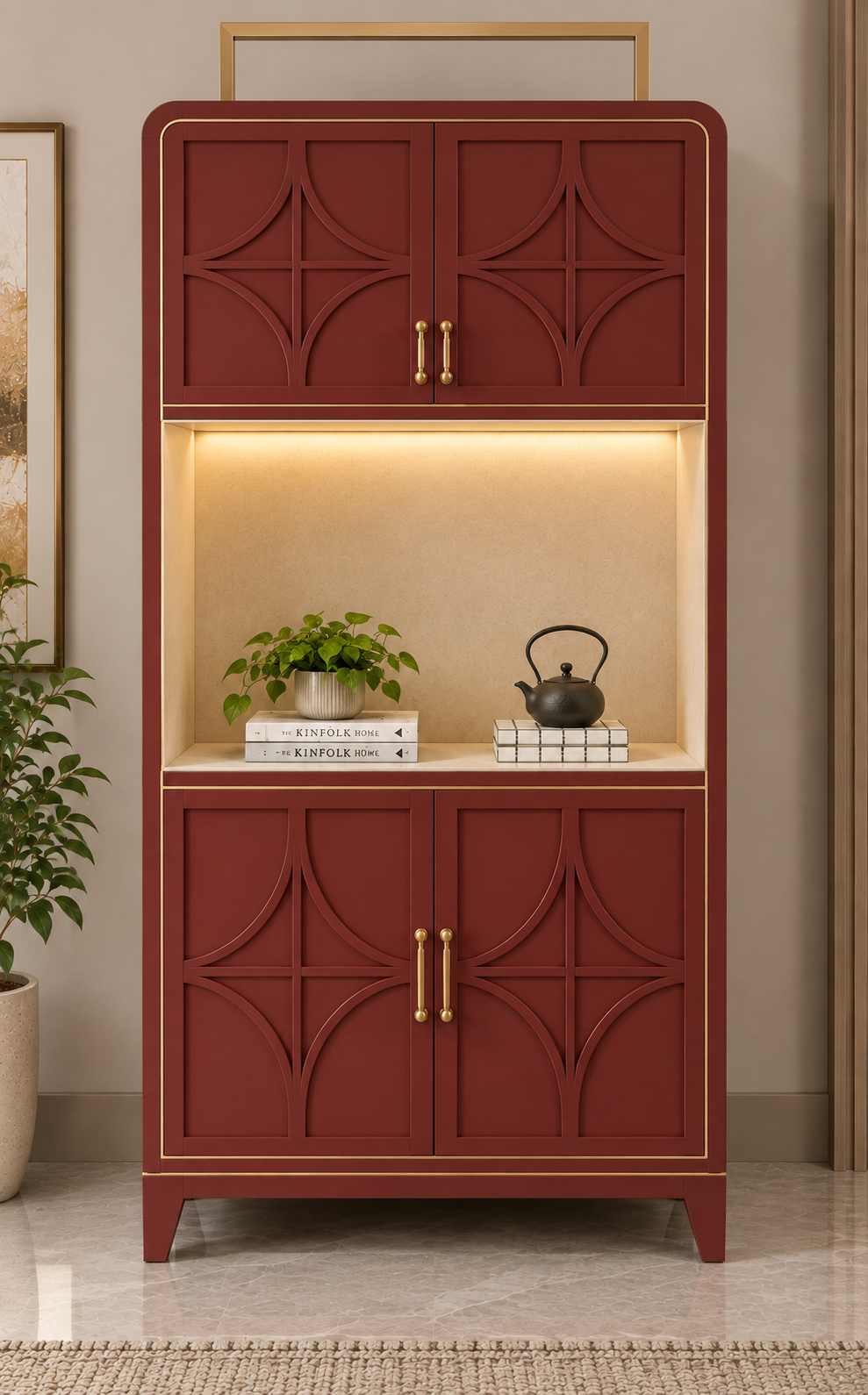 Luxury Burgundy Wooden Display Cabinet with LED Light | Tall Storage Cabinet with Glass-Free Arched Panel Doors | Living Room Decor Cabinet