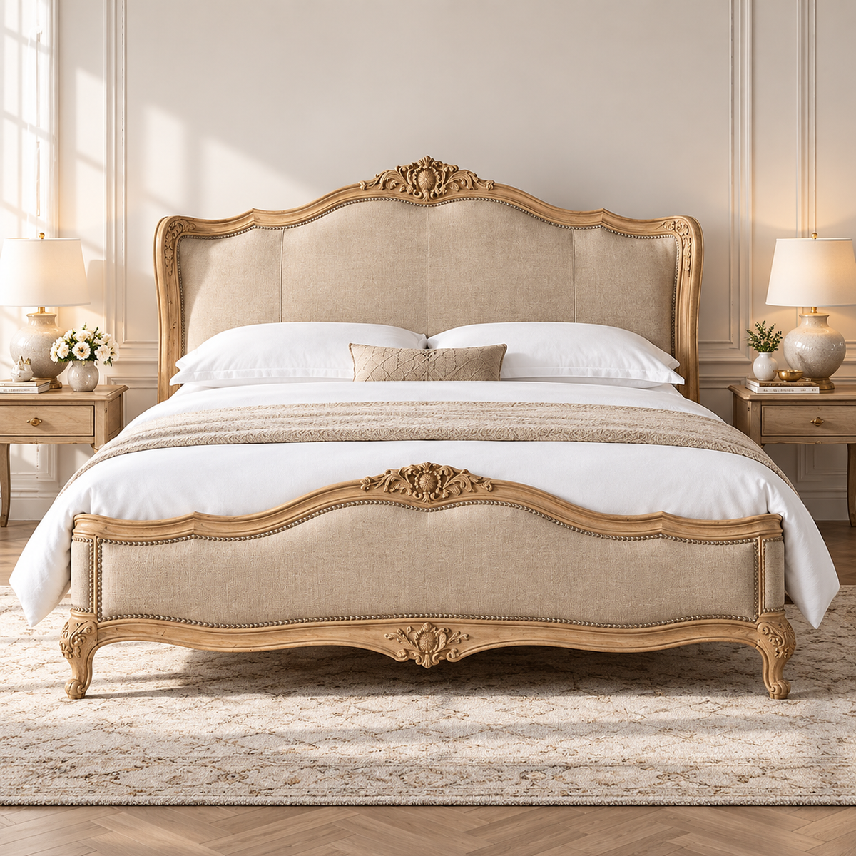 Luxury Carved Wooden Bed with Beige Upholstered Headboard