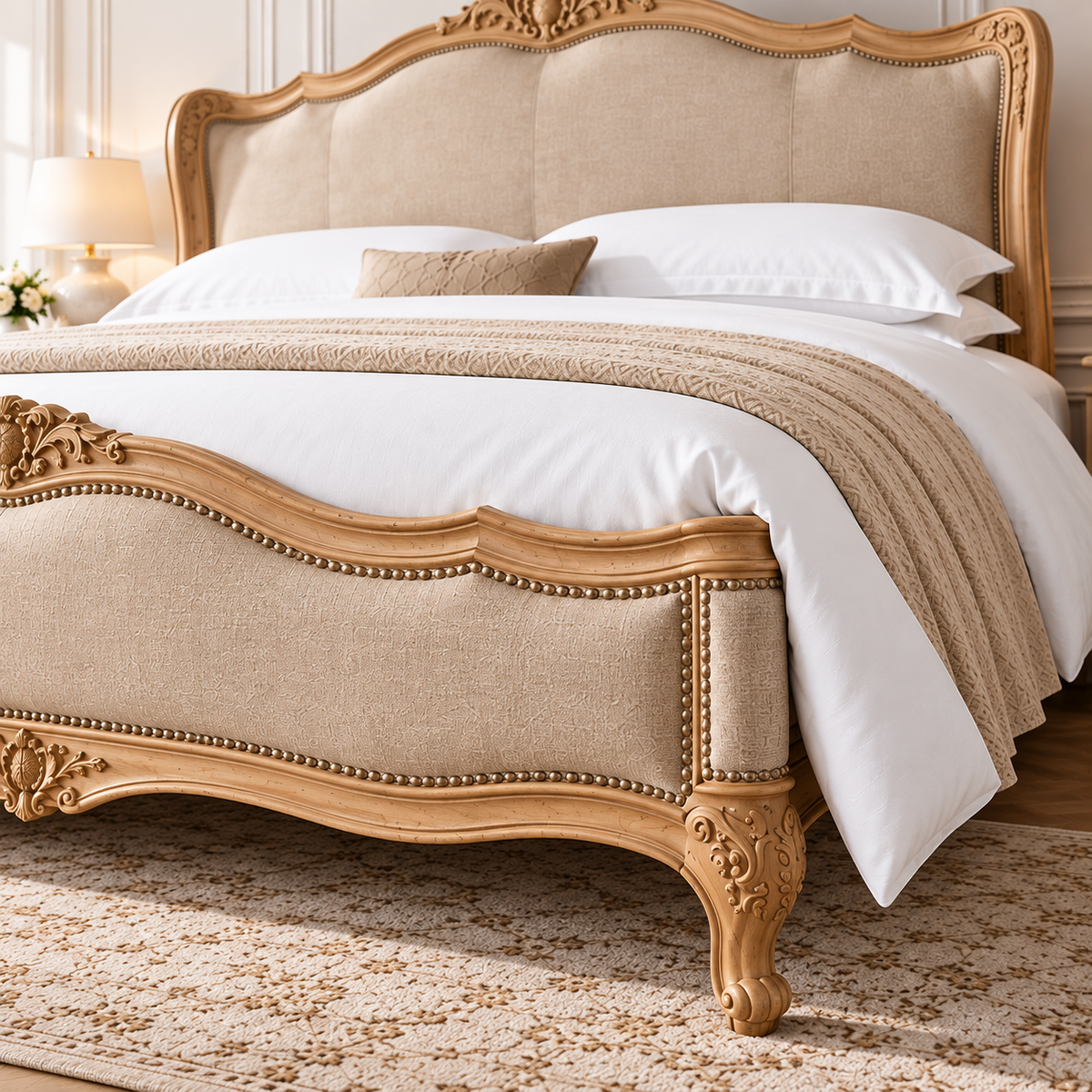 Luxury Carved Wooden Bed with Beige Upholstered Headboard

