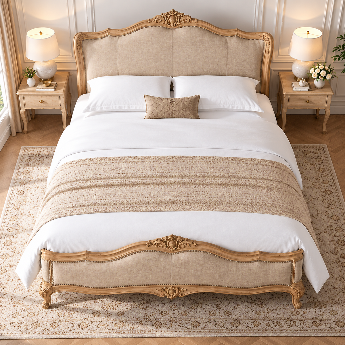 Luxury Carved Wooden Bed with Beige Upholstered Headboard