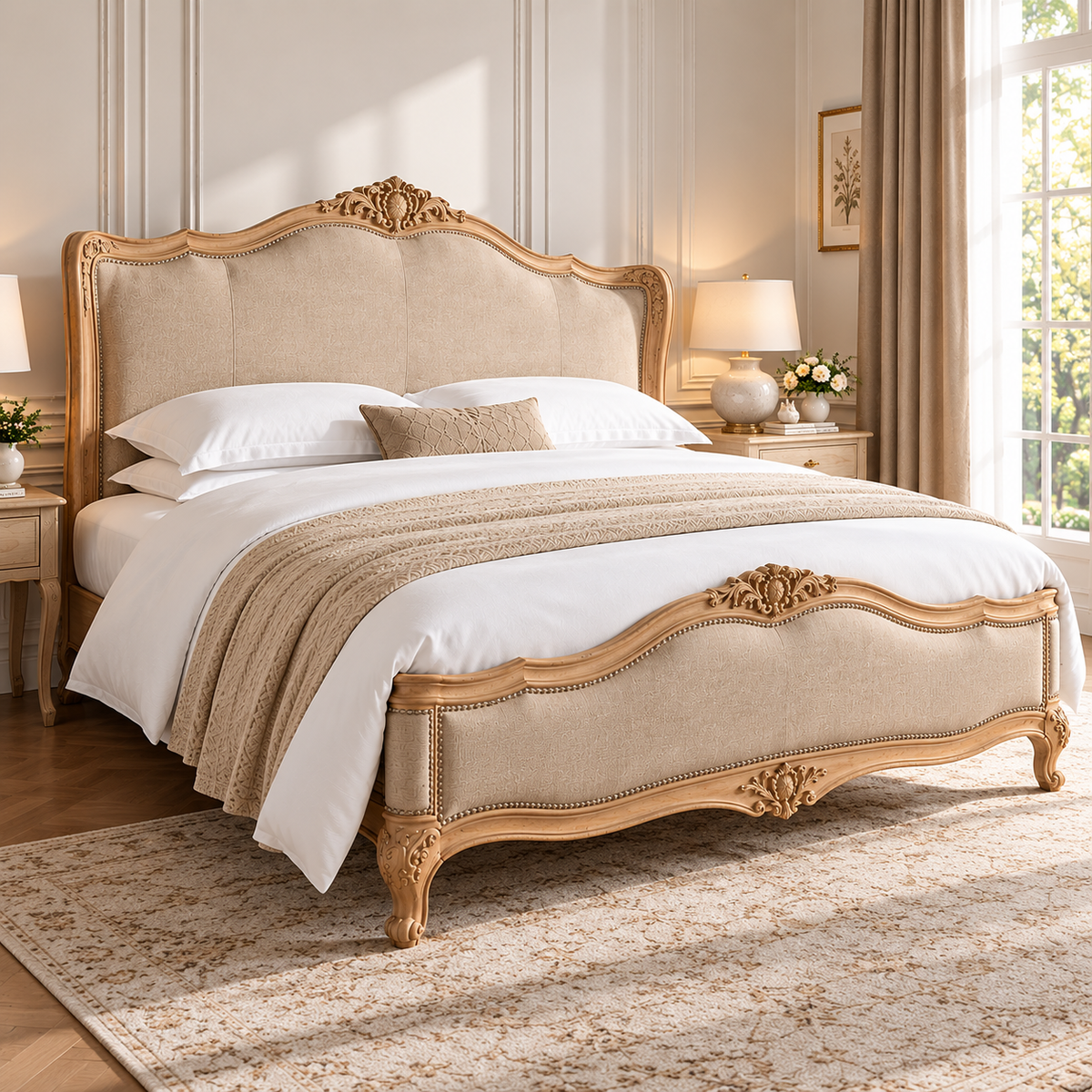 Luxury Carved Wooden Bed with Beige Upholstered Headboard
