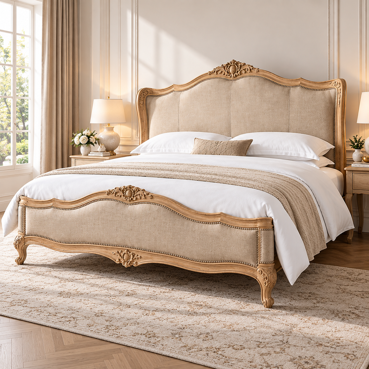 Luxury Carved Wooden Bed with Beige Upholstered Headboard