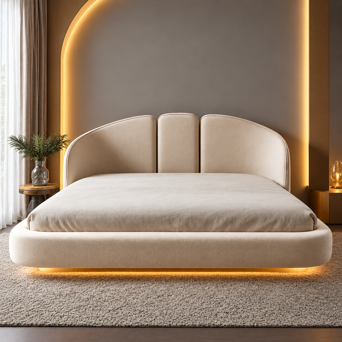 Luxury Cream Upholstered Bed with Modern Curved 3-Panel Headboard, Premium Fabric Platform Bed for Bedroom