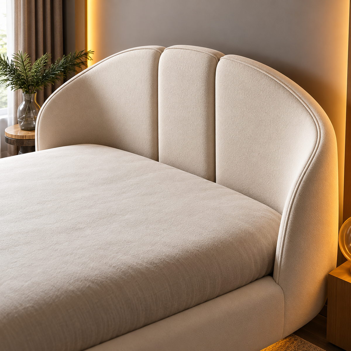 Luxury Cream Upholstered Bed with Modern Curved 3-Panel Headboard, Premium Fabric Platform Bed for Bedroom