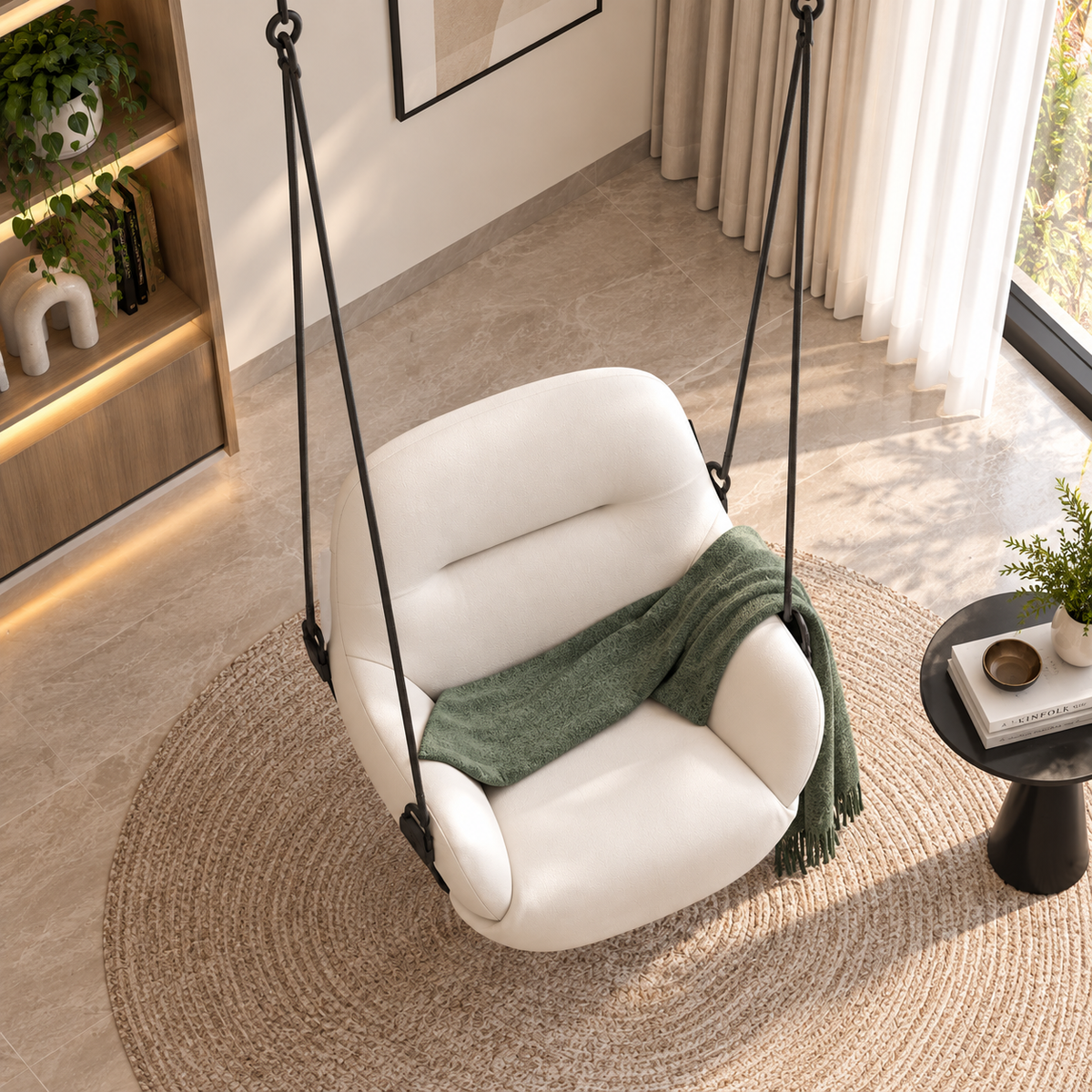 Luxury Cream Upholstered Hanging Swing Chair | Modern Indoor Relaxing Chair
