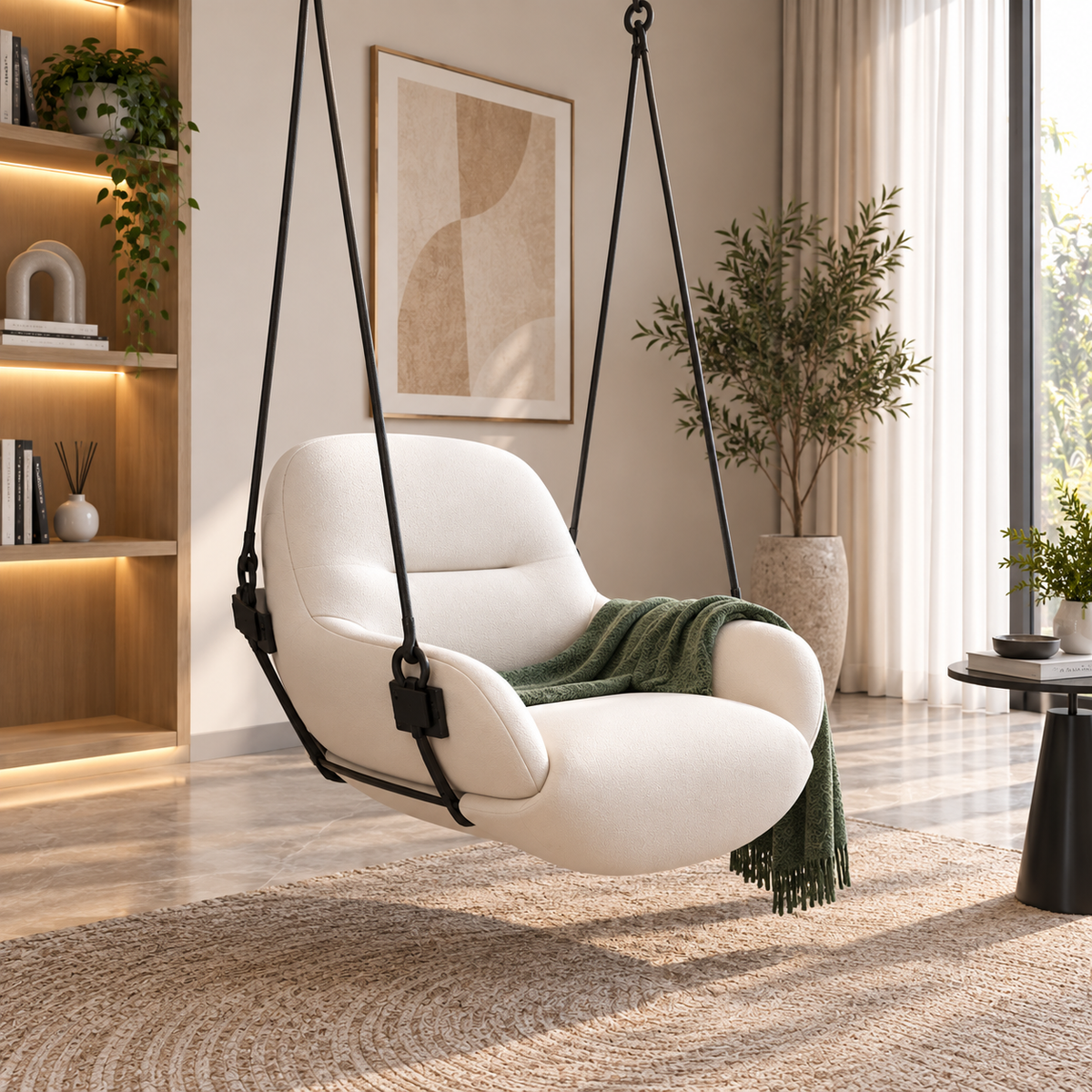 Luxury Cream Upholstered Hanging Swing Chair | Modern Indoor Relaxing Chair