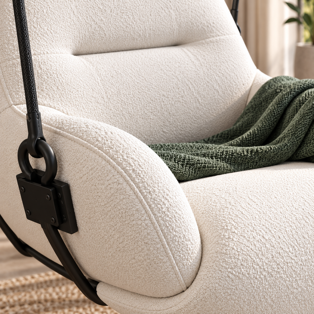 Luxury Cream Upholstered Hanging Swing Chair | Modern Indoor Relaxing Chair