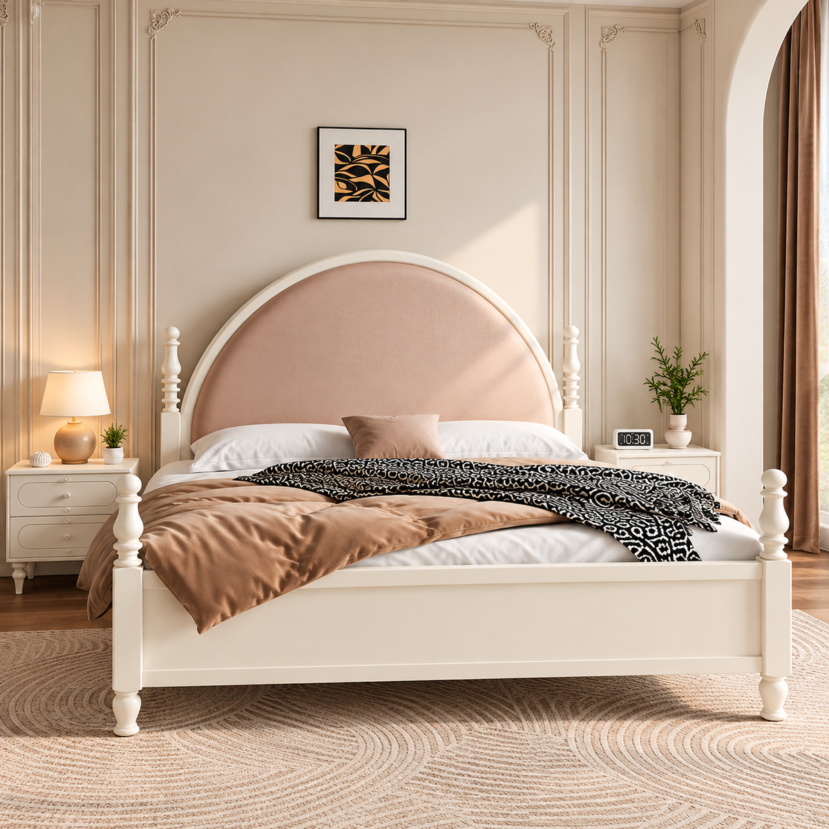 Luxury Cream Wooden Bed with Blush Pink Upholstered Arched Headboard