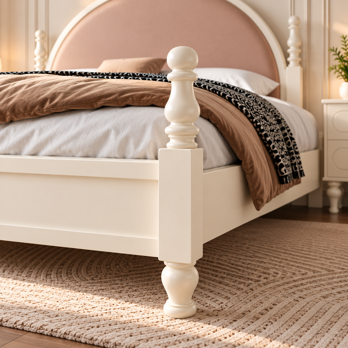 Luxury Cream Wooden Bed with Blush Pink Upholstered Arched Headboard