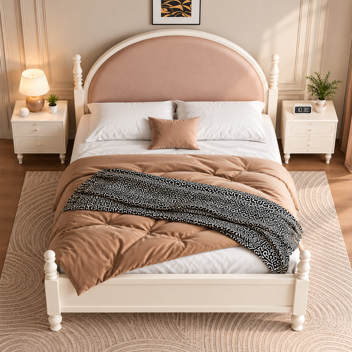 Luxury Cream Wooden Bed with Blush Pink Upholstered Arched Headboard