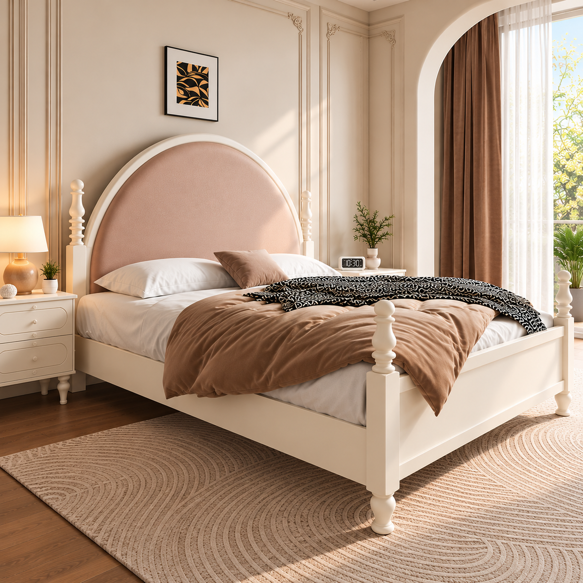 Luxury Cream Wooden Bed with Blush Pink Upholstered Arched Headboard